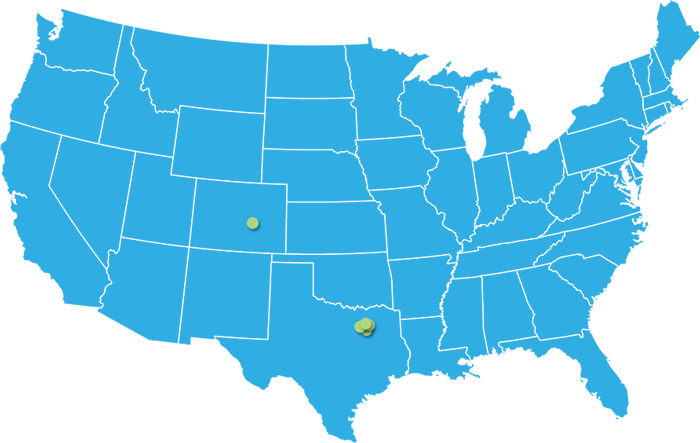 US map of service area with dots in Colorado and Texas