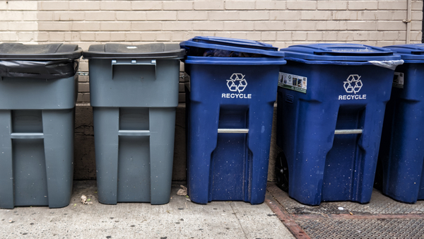 Blue and Gray garbage bins on the sidewalk